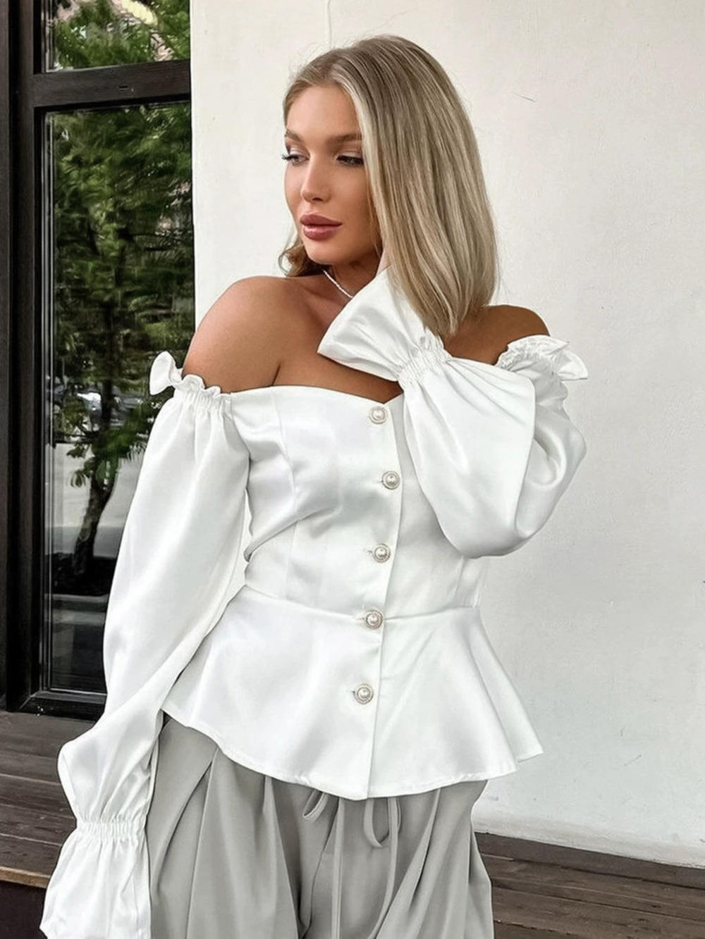 Forever 21 White Satin Blouse Off Shoulder Puff Sleeve Crop Top Fall Winter